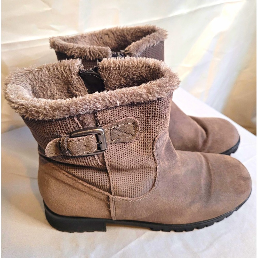 BareTraps Fairlee Gray Leather Faux Fur Lined Ankle Bootie Zip Buckle US 7 M